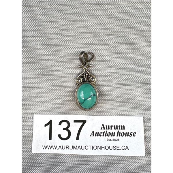 A Very Nice Art Nouveau Style Sterling + Turquoise Drop Pendant