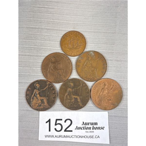6 Antique British Copper Coins Oldest 1896