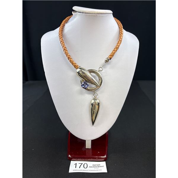 Leather Cord w/ Silver + Amethyst Colour Stone Necklace