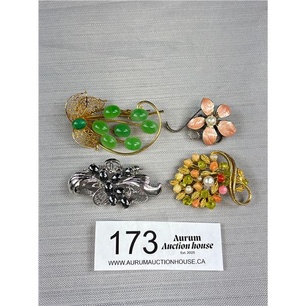 4 Vintage Stone + Enamel Brooches