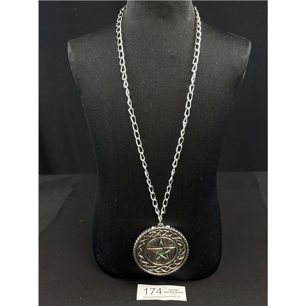 Silver Colour Pendant w/ Chain Necklace, Marked E.U. Made in Mengzhou, Henan, China