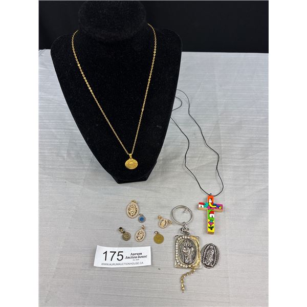 Collection of Religious Pendants, Necklaces, + Pins