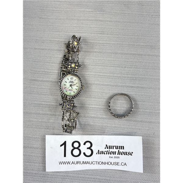 Sarah Coventry Quartz Watch, Battery Needed, + 925 Sterling Silver w/ Stones Ring Band