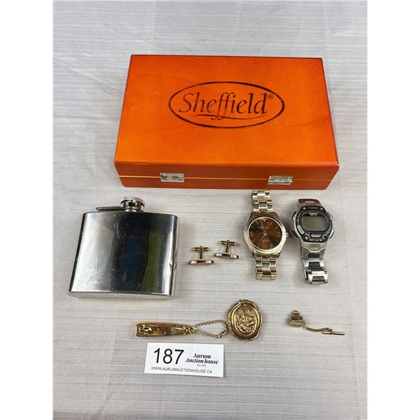 Sheffield Wood Box w/ Stainless Steel 507 Flask, 2 Watches, Gold Nail Clipper + Pair of Cufflinks, T