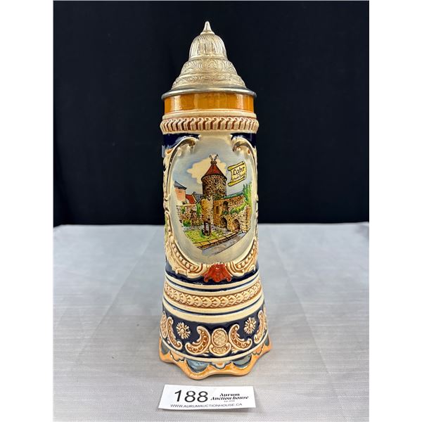 Vintage Very Tall, 11 Inches German Beer Stein Musical + Pewter Lid