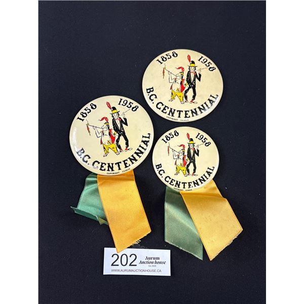 3 Large 1958 B.C. Centennial Badges