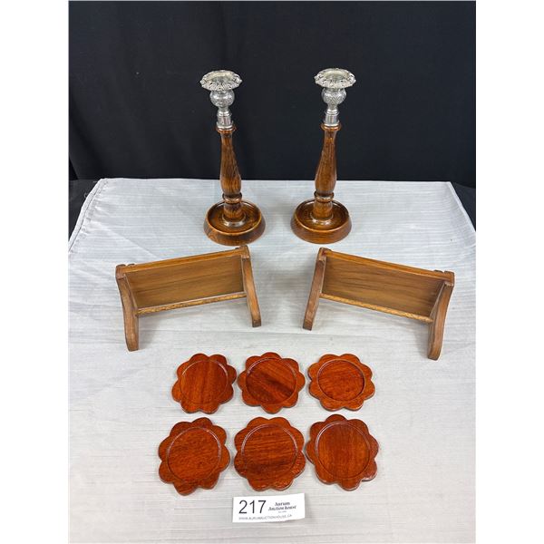 Antique Pair of 10" Wood w/Metal Candlesticks, 2 Wood Hangers and Handcrafted Wood Coaster Set