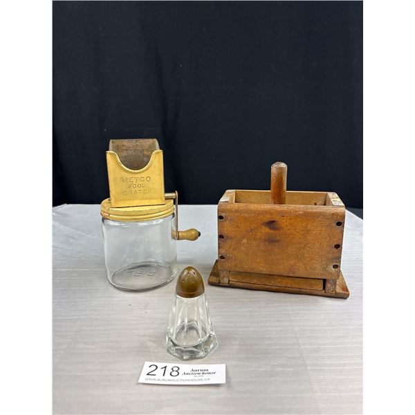 Vintage Metco Food Grater, Glass Shaker and Wood Butter Print