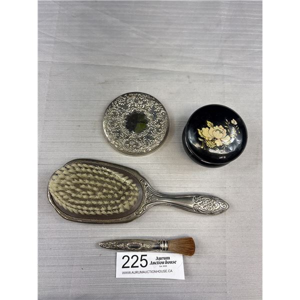 Vintage Repousse Vanity Brush, Mirror, Powder Brush and Lidded Box