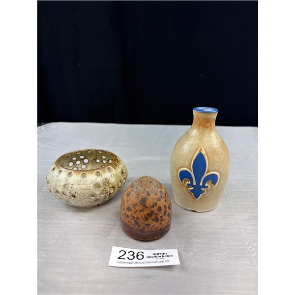 3 Pcs. Vintage Stoneware - Quebec Folk Art Vase, Artisan Studio Candle Jar and Salt Shaker