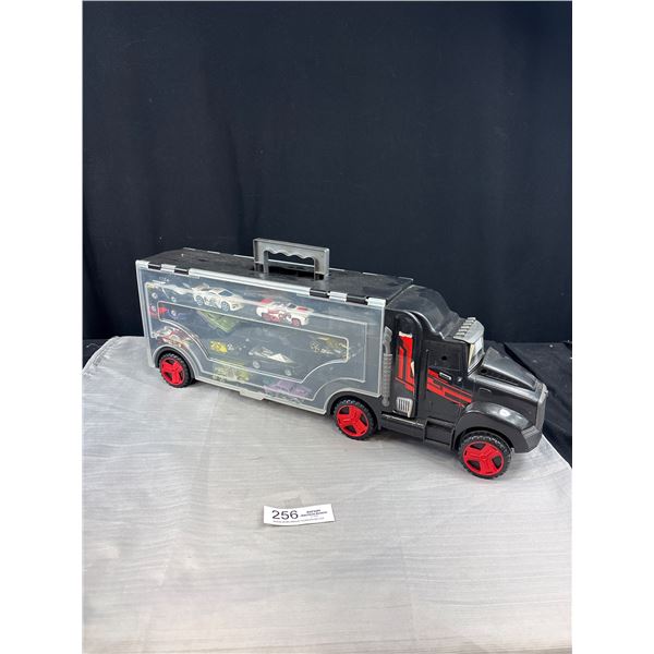 Plastic Semi Truck Hot Wheel Case full of Hot Wheels
