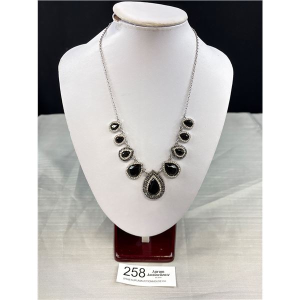 Beautiful Black Glass + Rhinestones Necklace