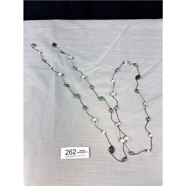 Vintage Green Stone Beads + Black Pearls Cord Necklace