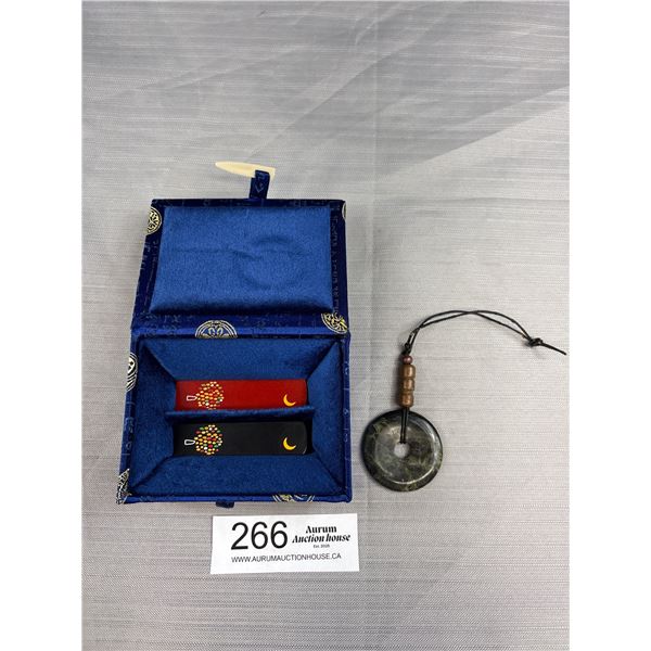 2 Chinese Stone Seals in Original Box/Case + Green Stone Hanger