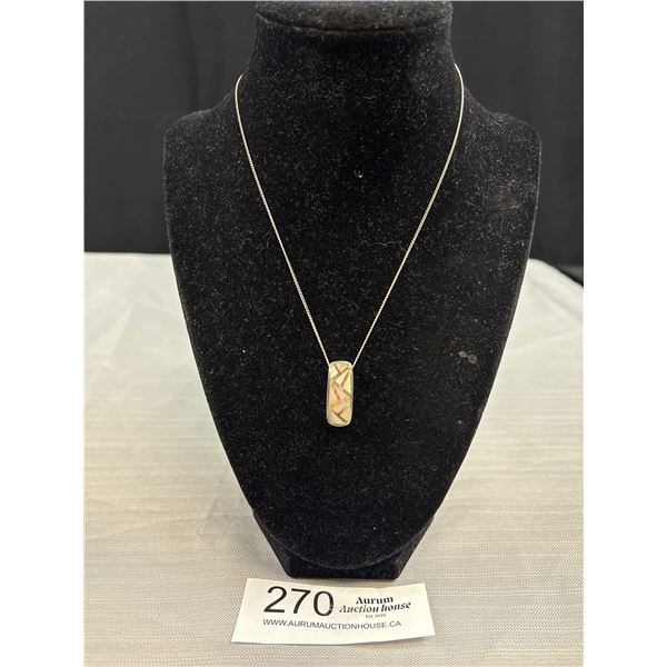 Lovely Sterling Silver w/ Mother of Pearl Inalid Pendant + Chain Necklace, Marked 925 on Both