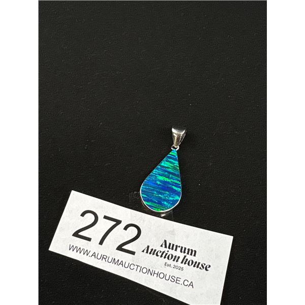 Lovely Sterling Silver  Blue Opal Stone inlaid  Pendant  Marked JS 925