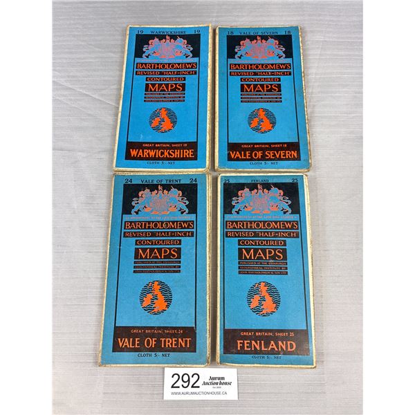 4 Vintage British Folding Linen Maps (Bartholomews)