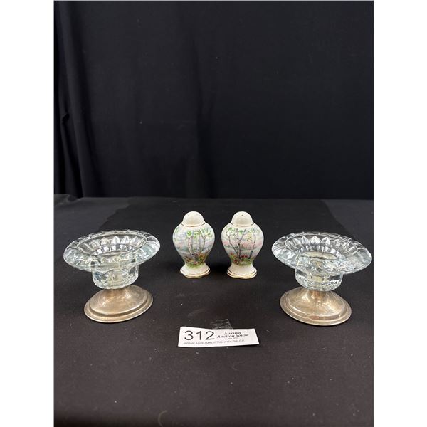 Pair of Royal Albert "Silver Birch" Salt and Pepper Shakers + 2 Silver Plated Glass Candlestick Hold