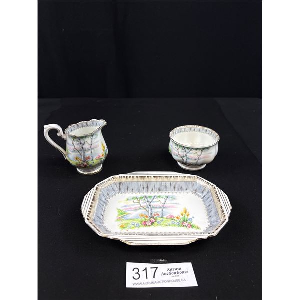Very Nice Royal Albert Silver Birch Bone China Creamer, Open Sugar Bowl and Tray Set