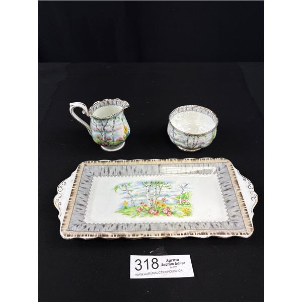 Very Nice Royal Albert Silver Birch Bone China Creamer, Open Sugar Bowl and Tray Set