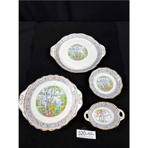 Lot of Royal Albert Silver Birch Bone China, 2 Oval Cake Plates + 2 Smaller Serving Dishes