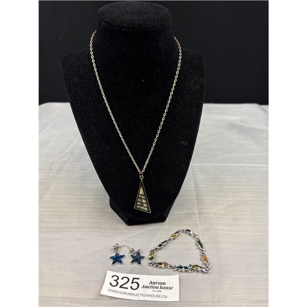 Silver Tone w/ Abelone Shell Pendant w/ Chain Necklace Bracelet + Pair of Earrings
