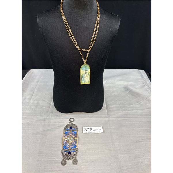 Unusual Gold Tone Pendant (Changing Faces) w/ Chain Necklace + Hanger