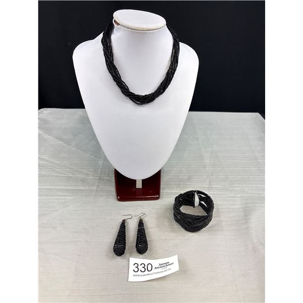 Vintage Black Beads Choker Necklace Pair of Earrings + Open Cuff Bangle