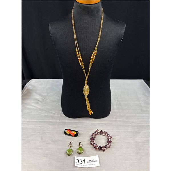 Vintage Art Glass Necklace Pair of Earrings Bracelet + Brooch