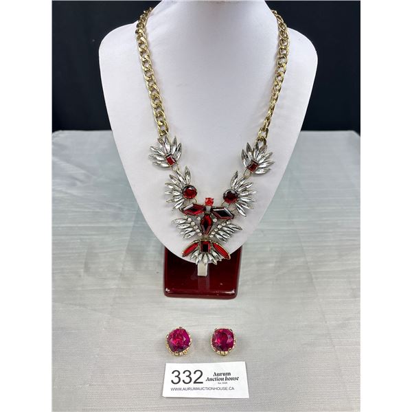 Vntage Ruby Red Glass Necklace + Pair of Clip on Earrings, Marked Dorlan