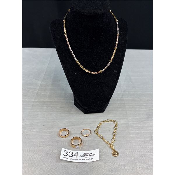 Gold + Silver Tone Necklace, Gold Tone Charm Bracelets + 3 Rings