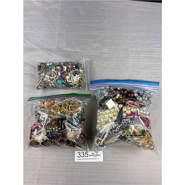 3 Bags of Misc Costume Jewelry, Parts Beads Etc