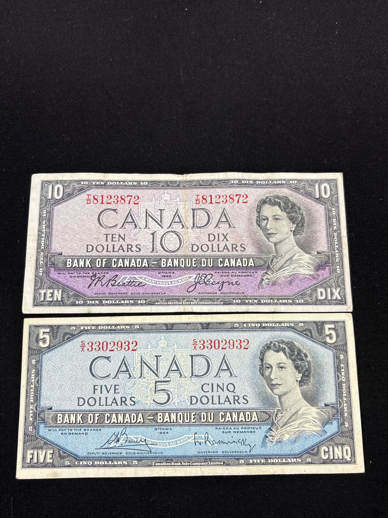 Lot of 1954 Bank of Canada Notes $1 $2 $5 $10