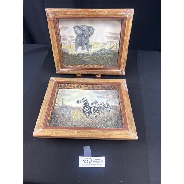 2 Vintage 12"x10" Framed 3D Art, Zebras and Elephants