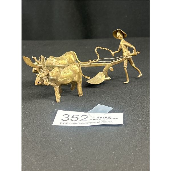 Small Vintage Asian Sculpture Farmer Plowing