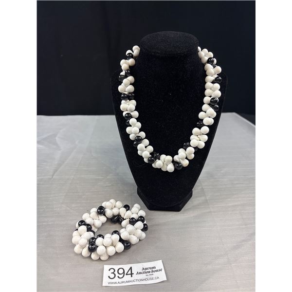 1950s-60s Black + White Bead Necklace + Matching Bracelet
