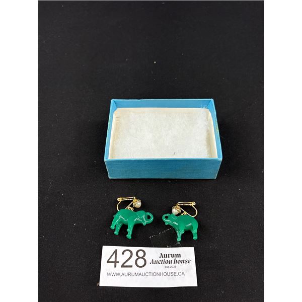 A Fabulous Pair of 1960 Jadelite Glass Elephant Earrings