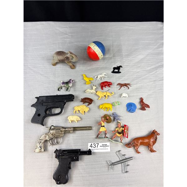 A Box Lot of Vintage 60s Toy Guns, Animals, Etc (Some Damaged)
