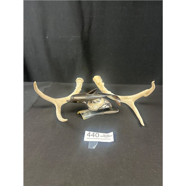 Vintage Hand Carved Dolphin Sculpture made from shell & Horns plus 2 Small Antlers