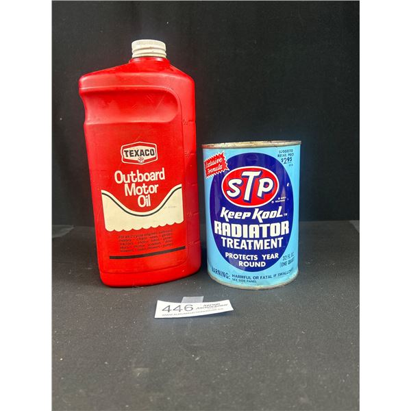 Full STP Radiator Tin & Texaco Outboard Motor oil jug