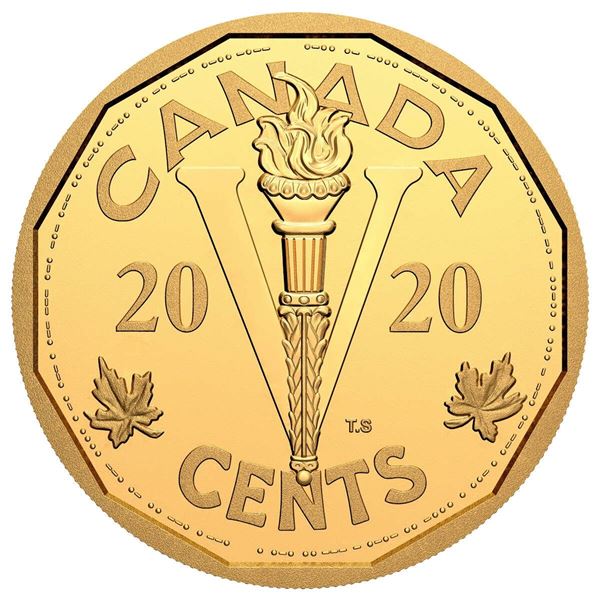 2020 5¢ The End of the Second World War: The Victory Nickel - Pure Gold Coin.  Tax Exempt.