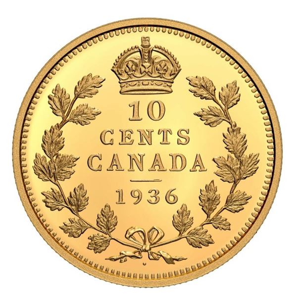 2021 10¢ Canada's Rarest Coins: 1936 Dot 10 Cents - Pure Gold Coin.  Tax Exempt.
