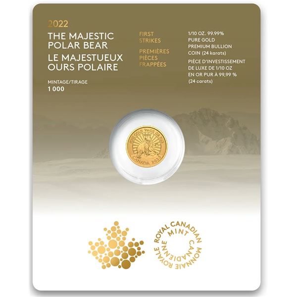 2022 $5 Majestic Polar Bear: First Strikes - Pure 1/10th oz Gold Coin.  Tax Exempt.