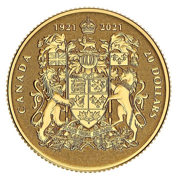2021 $20 100th Anniversary of Canada's Coat of Arms - Pure Gold Coin.  Tax Exempt.