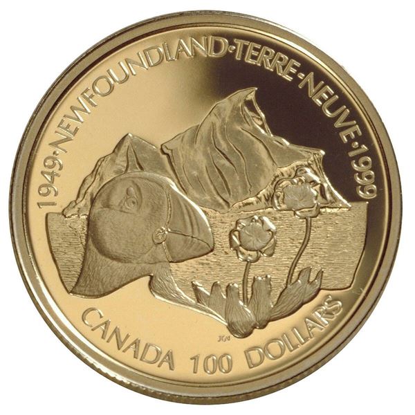1999 $100 Newfoundland's Confederation, 50th Anniversary - 14-kt. Gold Coin.  No Case.