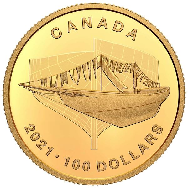 2021 $100 100th Anniversary of Bluenose: The Launch - Pure Gold Coin.  Tax Exempt.