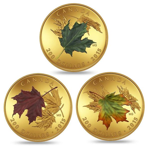 2015 $200 Alluring Maple Leaves of Fall - Pure Gold 3-Coin Set.  Tax Exempt.