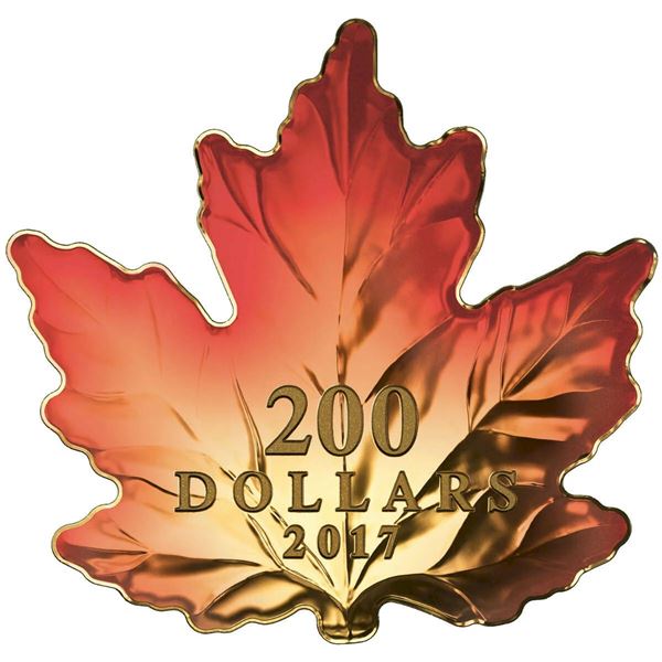 2017 $200 Autumn Fire - Pure Gold Maple Leaf-Shaped Coin.  Tax Exempt.