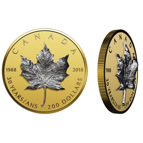 2018 $200 30th Anniversary of the Silver Maple Leaf 3D- Pure Gold Coin.  Tax Exempt.