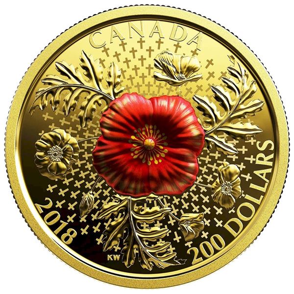 2018 $200 Armistice Poppy - Pure Gold Coin.  Tax Exempt.